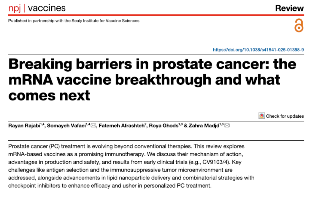 مقاله ی سیستماتیک ریویو جدید مرمز تحت عنوان Breaking barriers in prostate cancer: the mRNA vaccine breakthrough and what comes next به چاپ رسید.